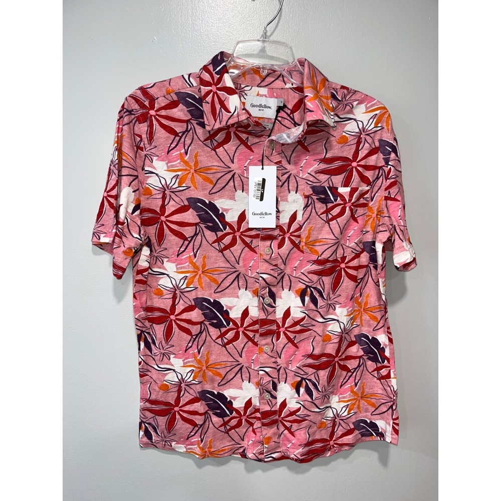 GOODFELLOW pink floral summer tropical button front shirt mens‎ size Small NWT